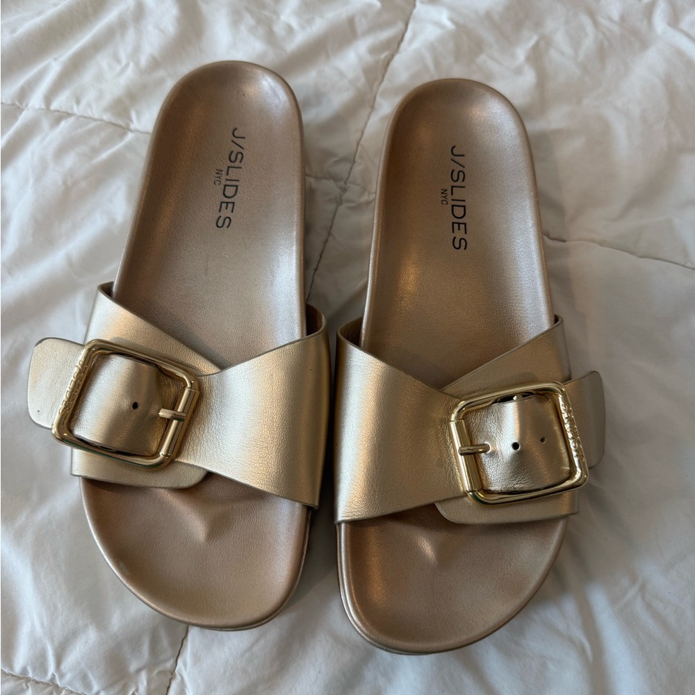 J/SLIDES Metallic Gold Buckle Sandals
